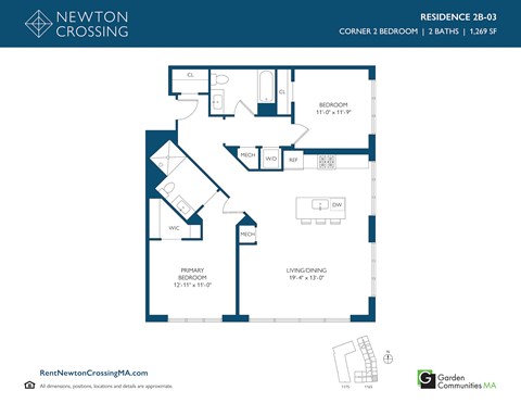 Floor plan for 2 beds, 2 baths, 1269 sqft